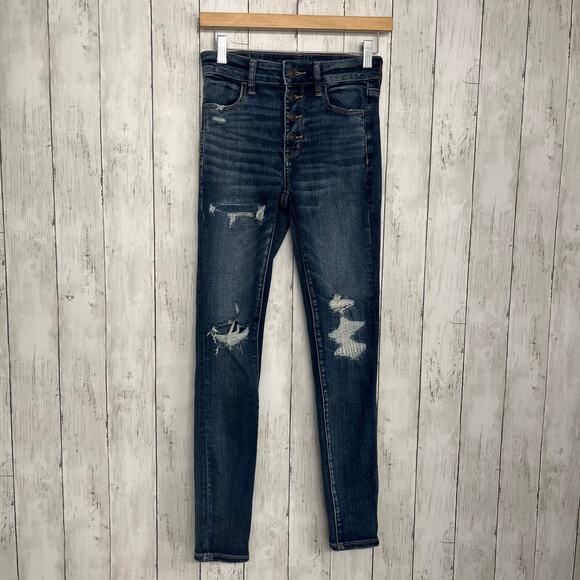American Eagle Next Level Stretch Hi-Rise Dark Wash Button Distressed Jegging 4 - Picture 1 of 11